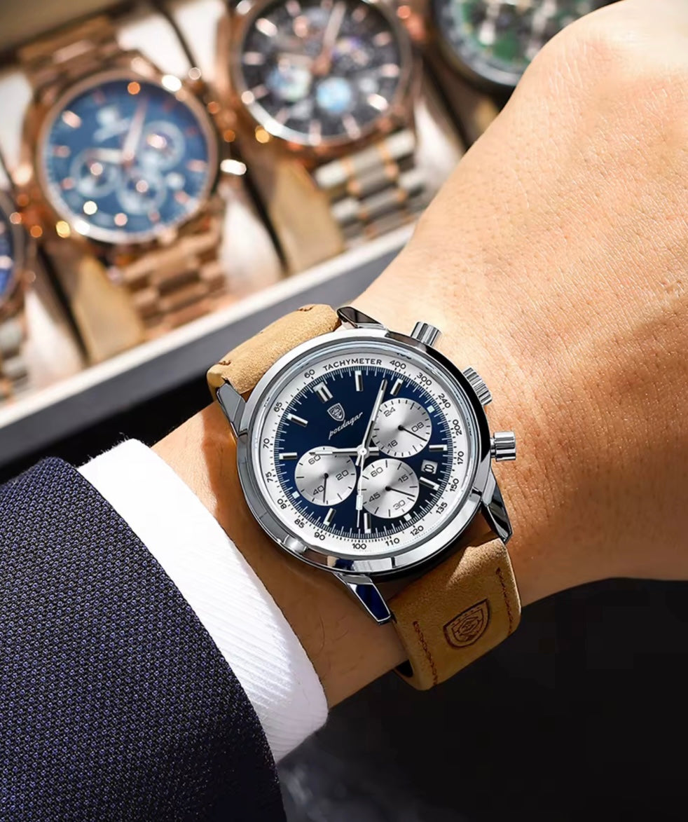 Poedagar 921 - Men’s Chronograph Watch Blue/Silver/Leather