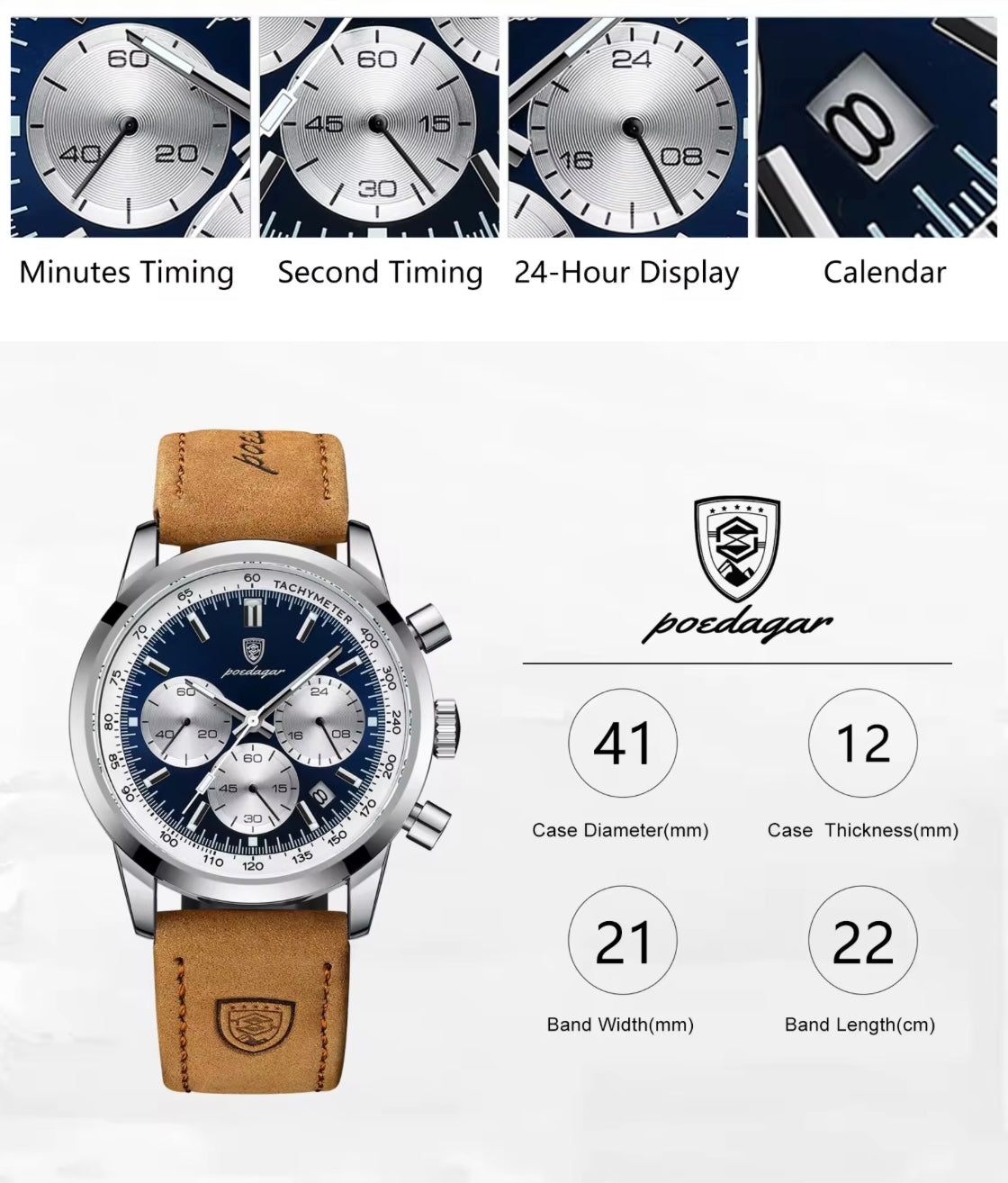 Poedagar 921 - Men’s Chronograph Watch Blue/Silver/Leather