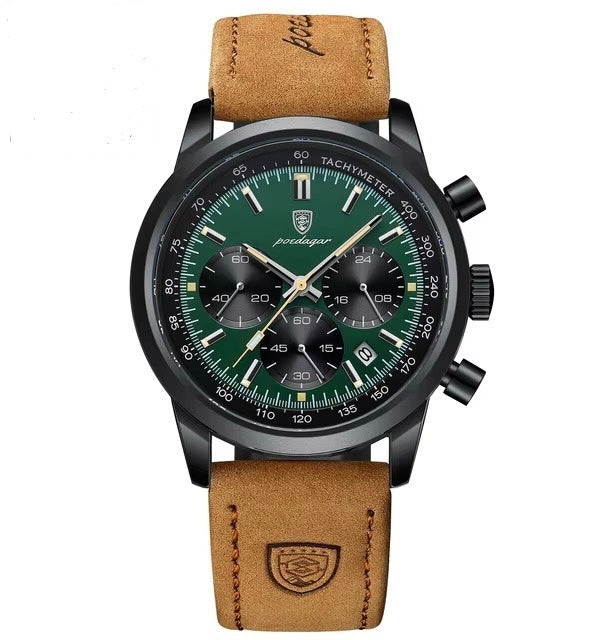 Poedagar 921 - Men’s Chronograph Watch Black/Green/Leather