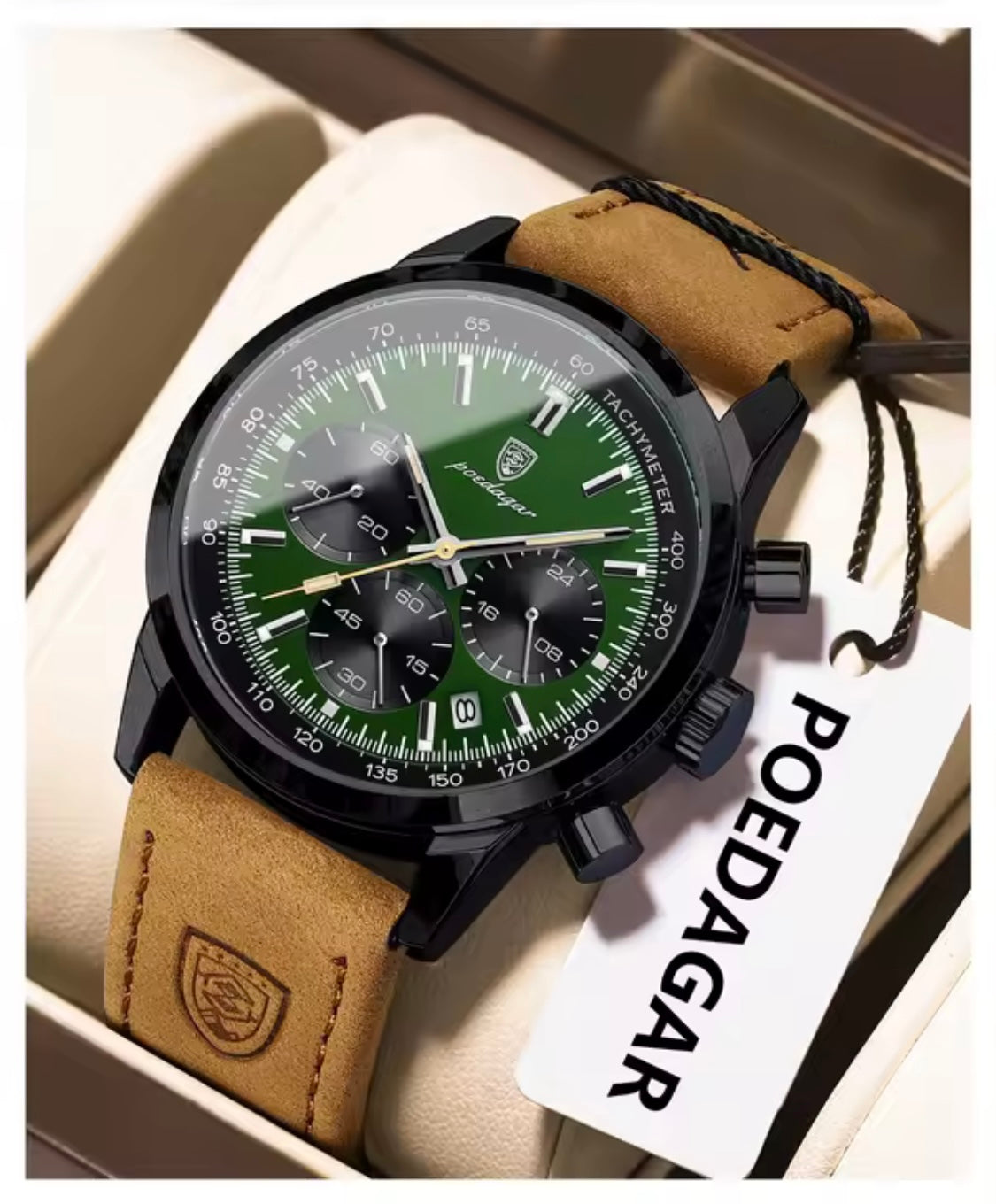 Poedagar 921 - Men’s Chronograph Watch Black/Green/Leather
