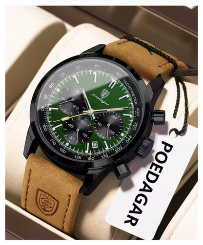 Poedagar 921 - Men’s Chronograph Watch Black/Green/Leather