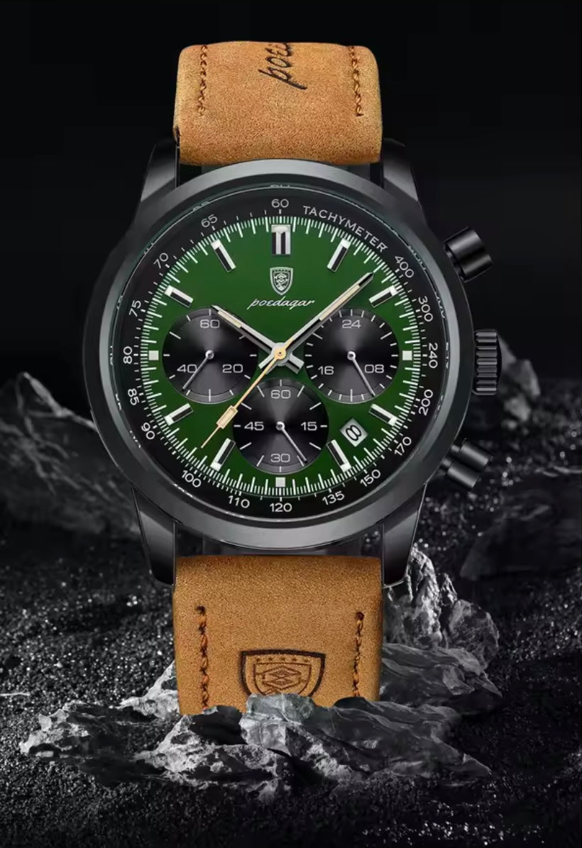 Poedagar 921 - Men’s Chronograph Watch Black/Green/Leather
