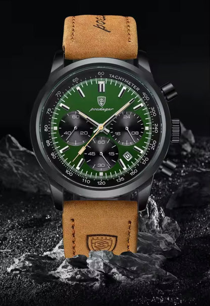 Poedagar 921 - Men’s Chronograph Watch Black/Green/Leather