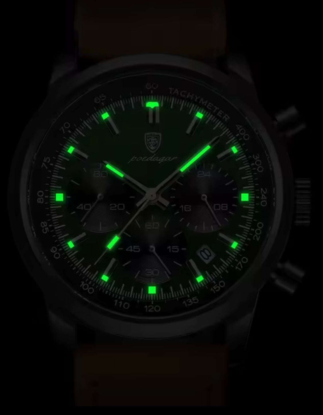 Poedagar 921 - Men’s Chronograph Watch Black/Green/Leather