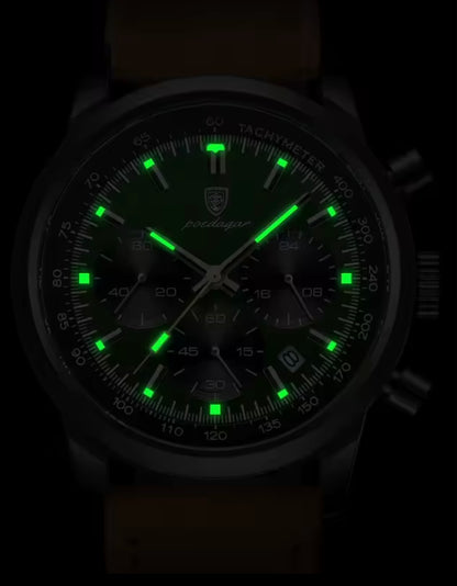 Poedagar 921 - Men’s Chronograph Watch Black/Green/Leather