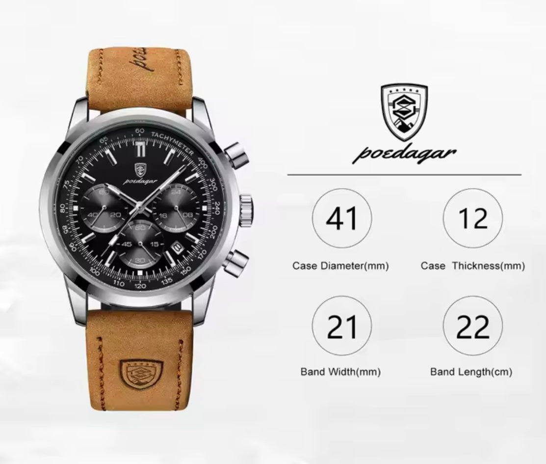 Poedagar 921 - Men’s Chronograph Watch Black/Silver/Leather