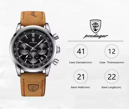 Poedagar 921 - Men’s Chronograph Watch Black/Silver/Leather