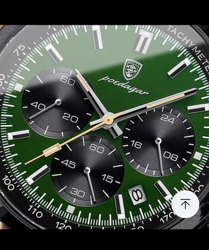 Poedagar 921 - Men’s Chronograph Watch Black/Green/Leather
