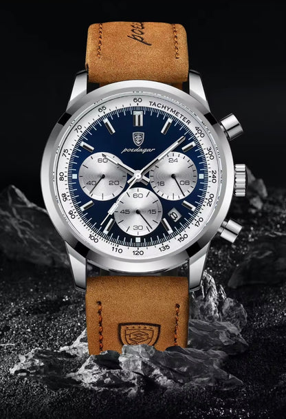 Poedagar 921 - Men’s Chronograph Watch Blue/Silver/Leather