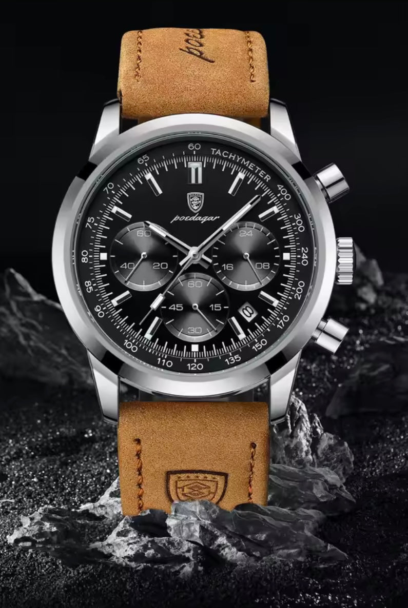Poedagar 921 - Men’s Chronograph Watch Black/Silver/Leather