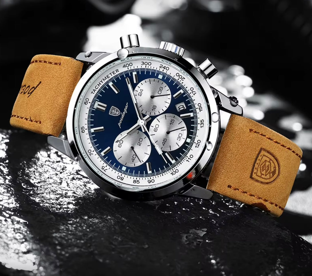 Poedagar 921 - Men’s Chronograph Watch Blue/Silver/Leather