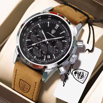 Poedagar 921 - Men’s Chronograph Watch Black/Silver/Leather