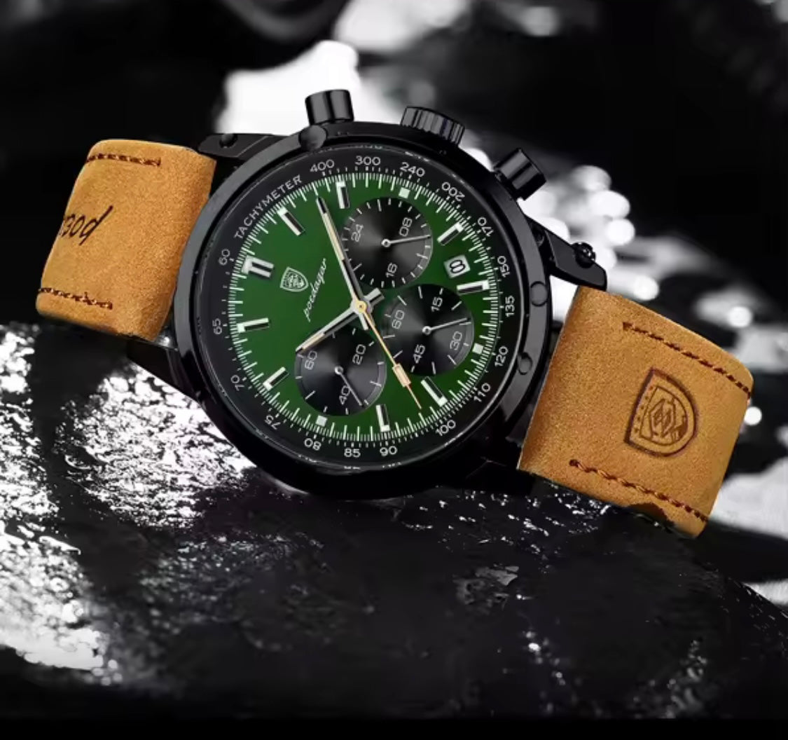 Poedagar 921 - Men’s Chronograph Watch Black/Green/Leather