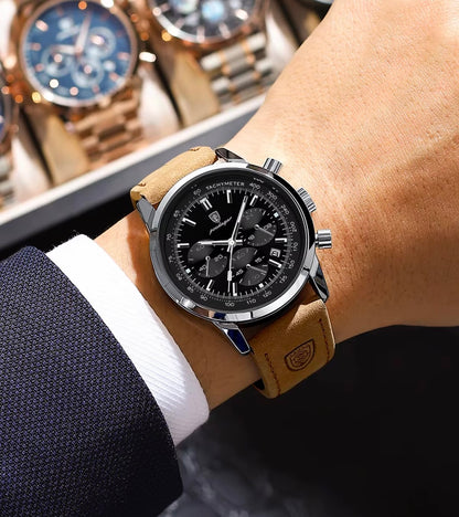 Poedagar 921 - Men’s Chronograph Watch Black/Silver/Leather