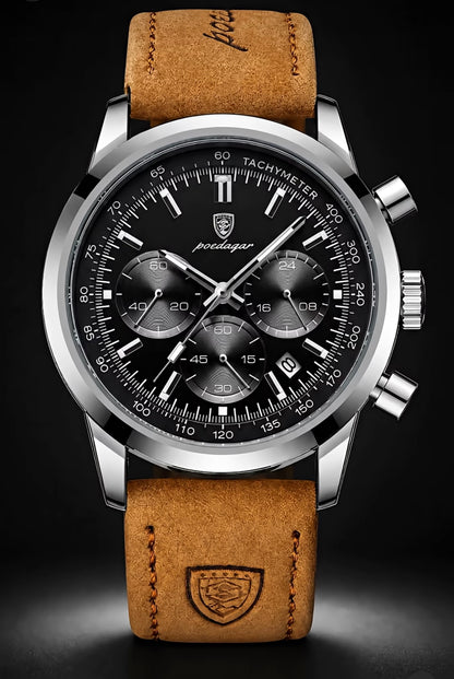 Poedagar 921 - Men’s Chronograph Watch Black/Silver/Leather